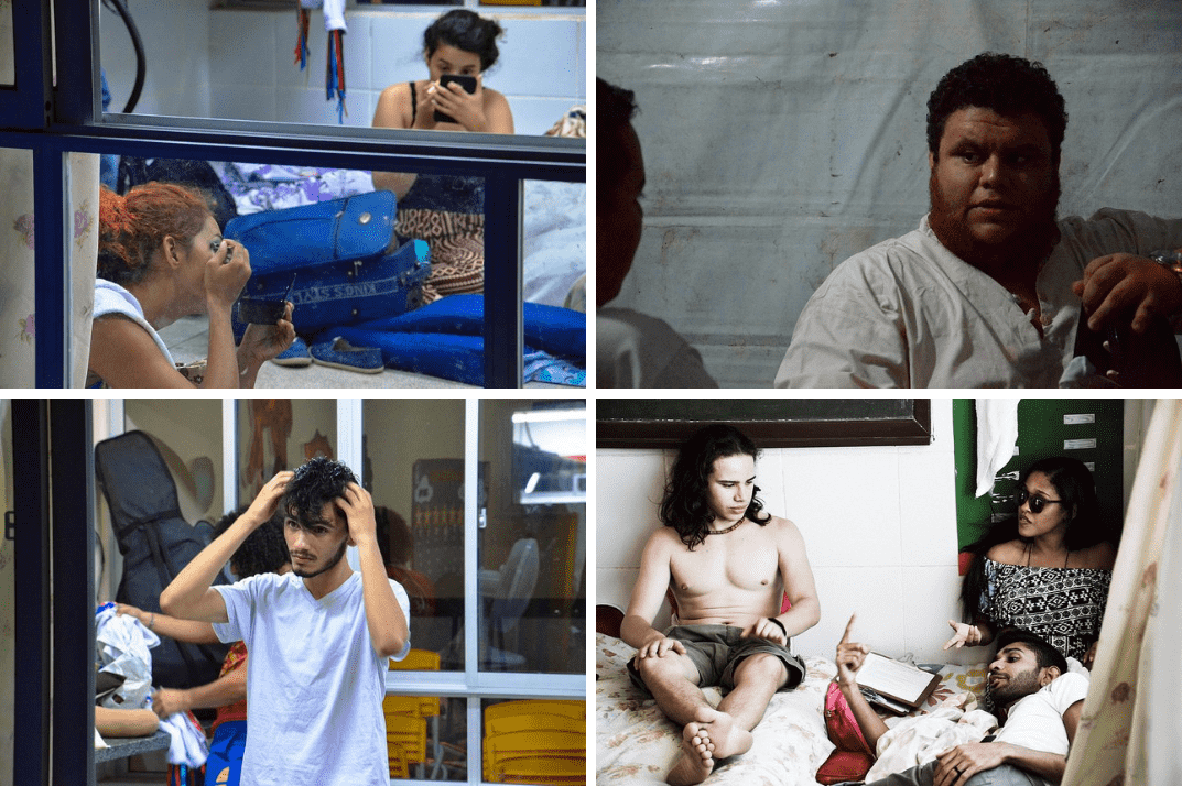 mosaico com várias fotos dos dançarinos se preparando para a apresentação, vestindo-se, maquiando-se, conversando entre si despretensiosamente