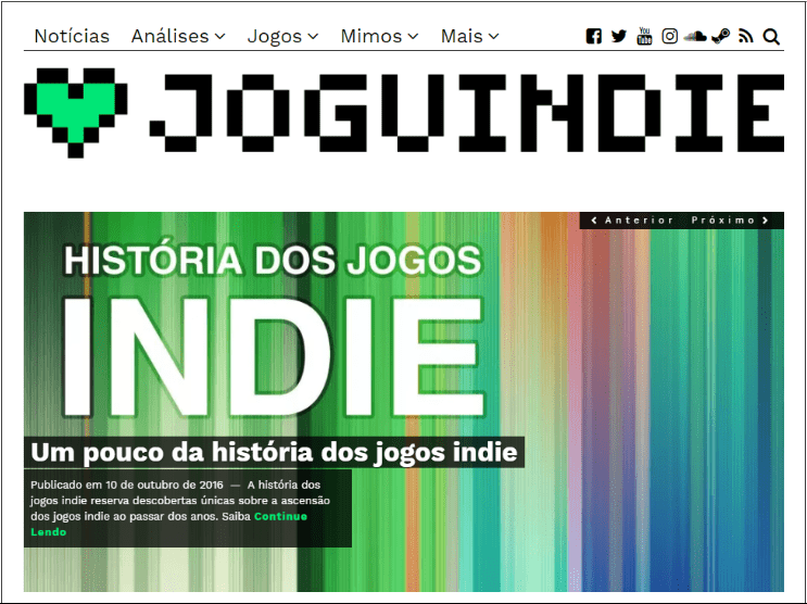 capa do finado site joguindie, com o artigo HISTÓRIA DOS JOGOS INDIE, em destaque